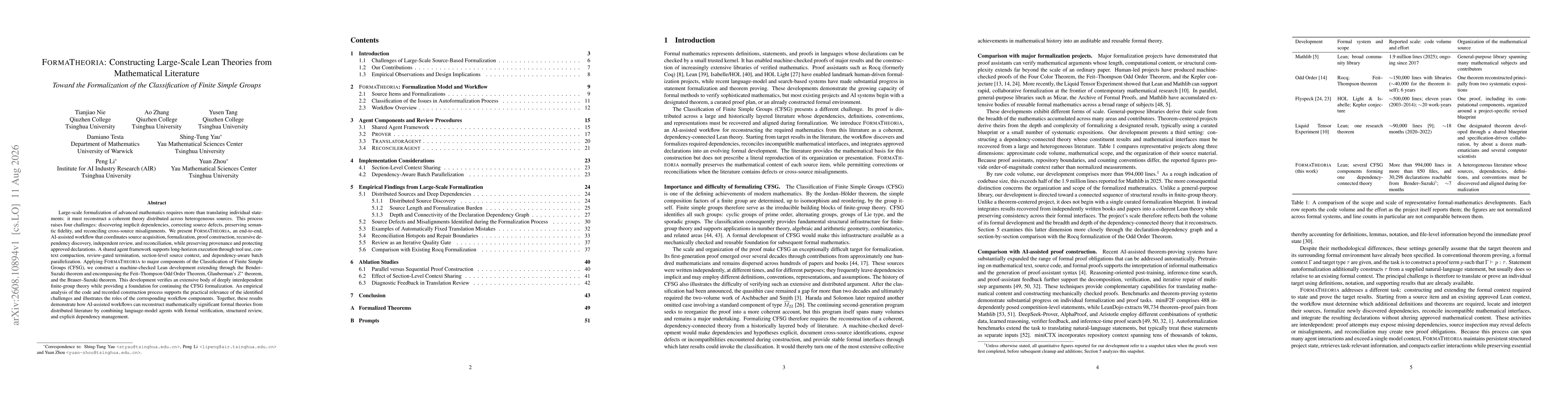 Thumbnail for FormaTheoria: Constructing Large-Scale Lean Theories from Mathematical Literature $-$ Toward the Formalization of the Classification of Finite Simple Groups