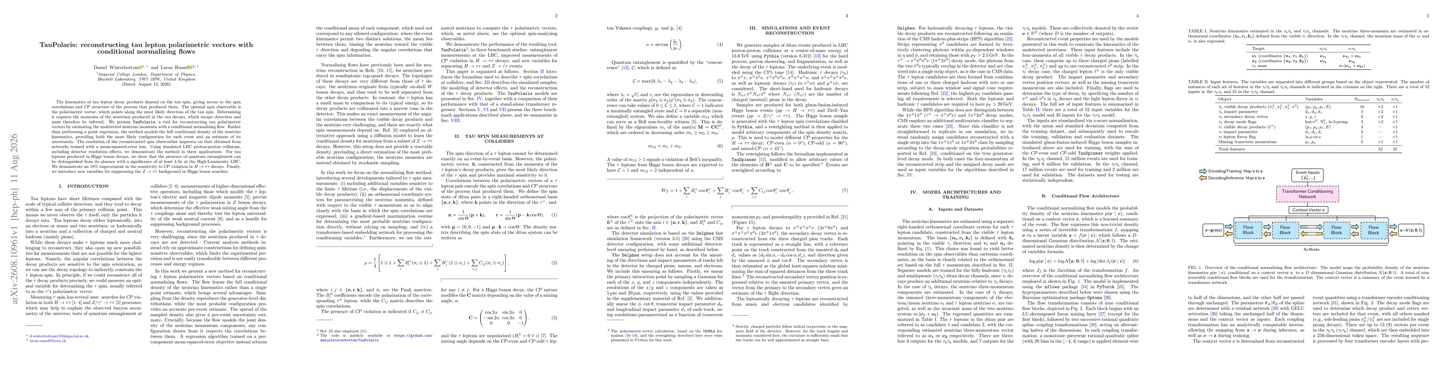 Thumbnail for TauPolaris: reconstructing tau lepton polarimetric vectors with conditional normalizing flows