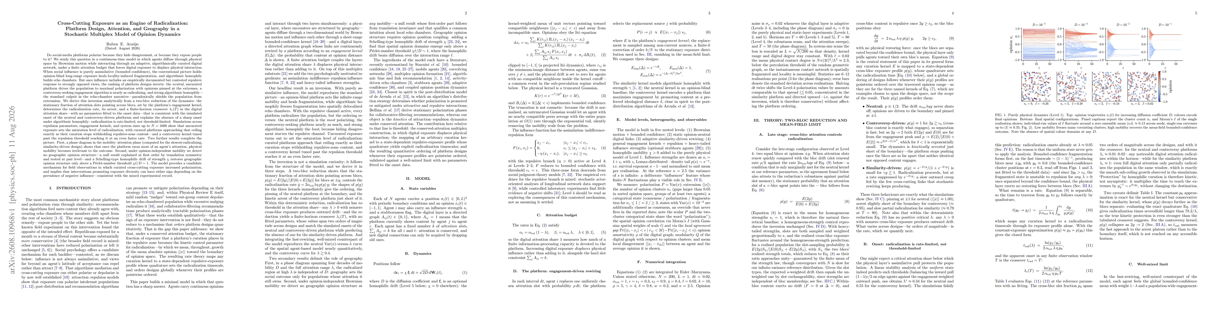 Thumbnail for Cross-Cutting Exposure as an Engine of Radicalization: Platform Design, Attention, and Geography in a Stochastic Multiplex Model of Opinion Dynamics