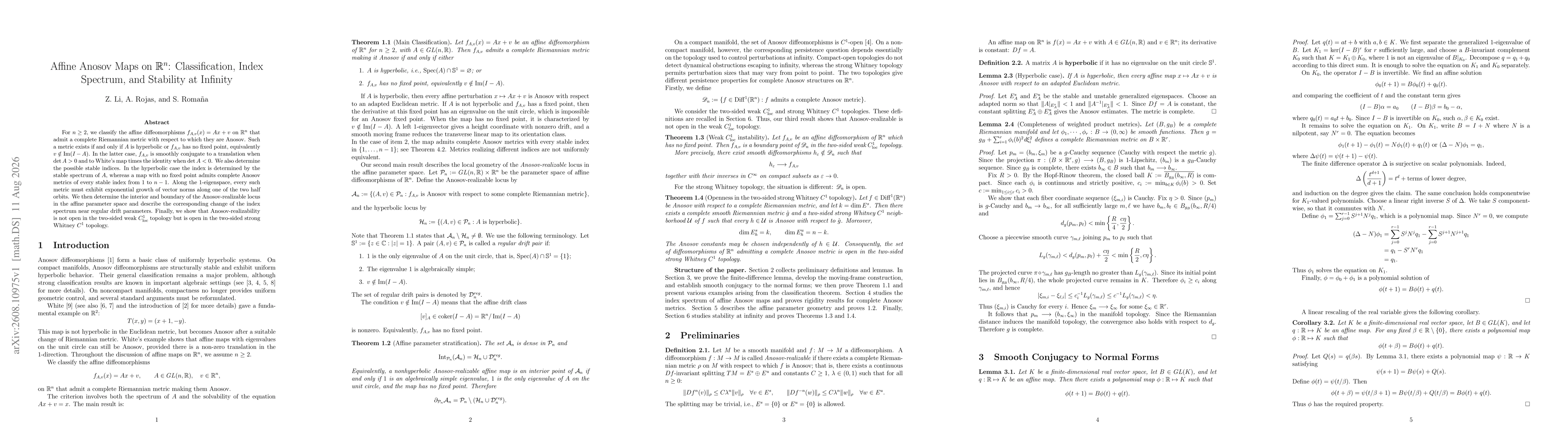 Thumbnail for Affine Anosov Maps on $\mathbb{R}^n$: Classification, Index Spectrum, and Stability at Infinity