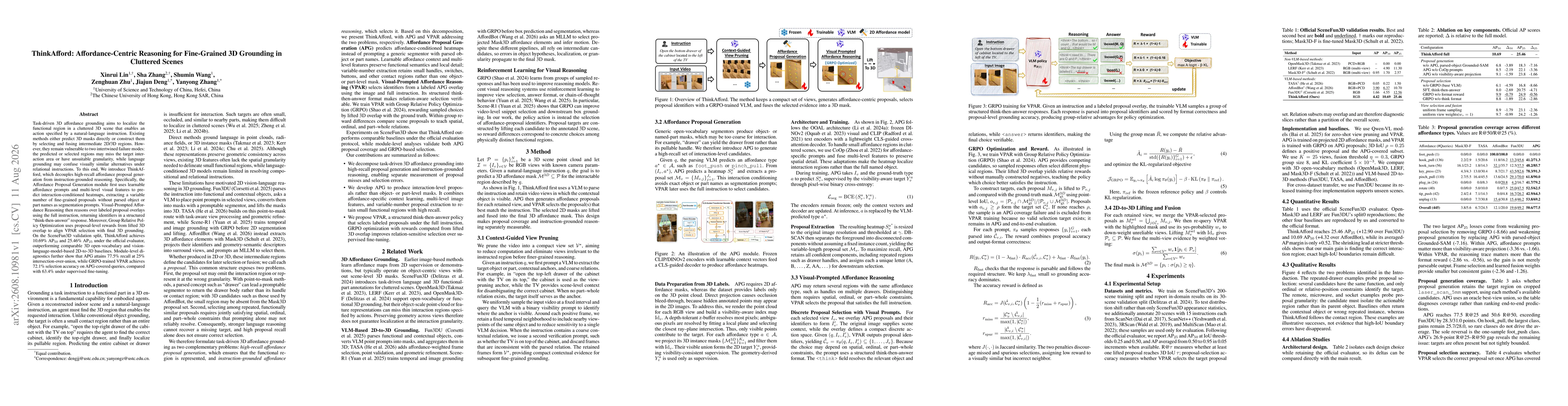 Thumbnail for ThinkAfford: Affordance-Centric Reasoning for Fine-Grained 3D Grounding in Cluttered Scenes