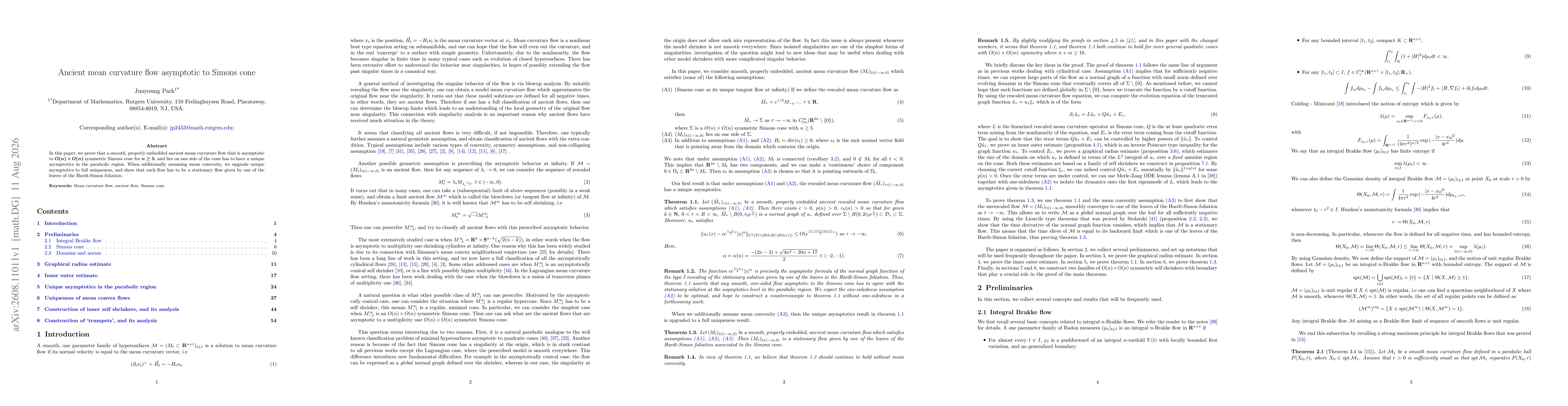 Thumbnail for Ancient mean curvature flow asymptotic to Simons cone