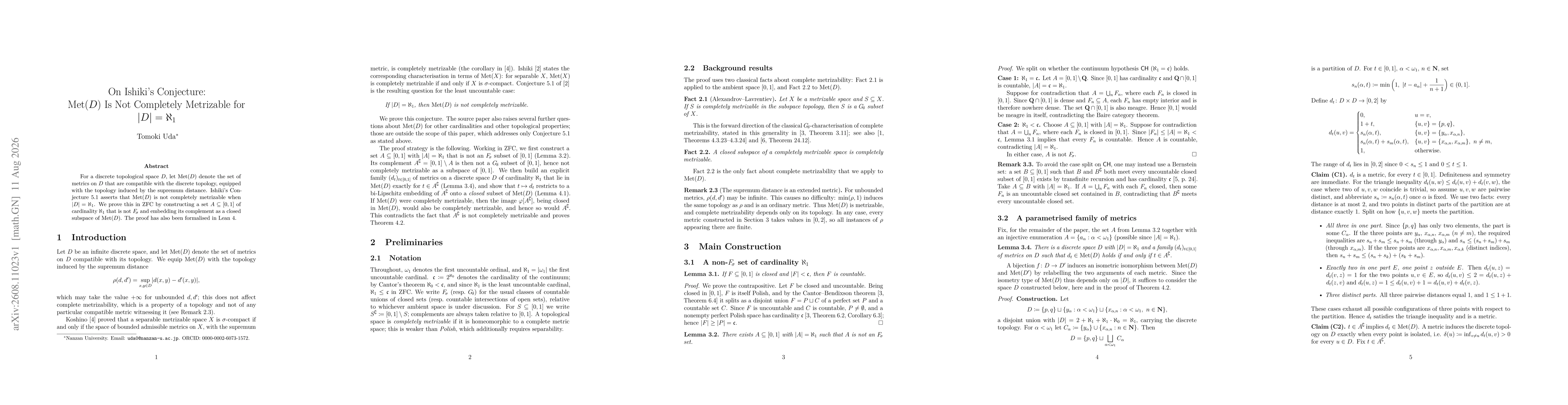 Thumbnail for On Ishiki's Conjecture: $\mathrm{Met}(D)$ Is Not Completely Metrizable for $\lvert D\rvert=\aleph_1$