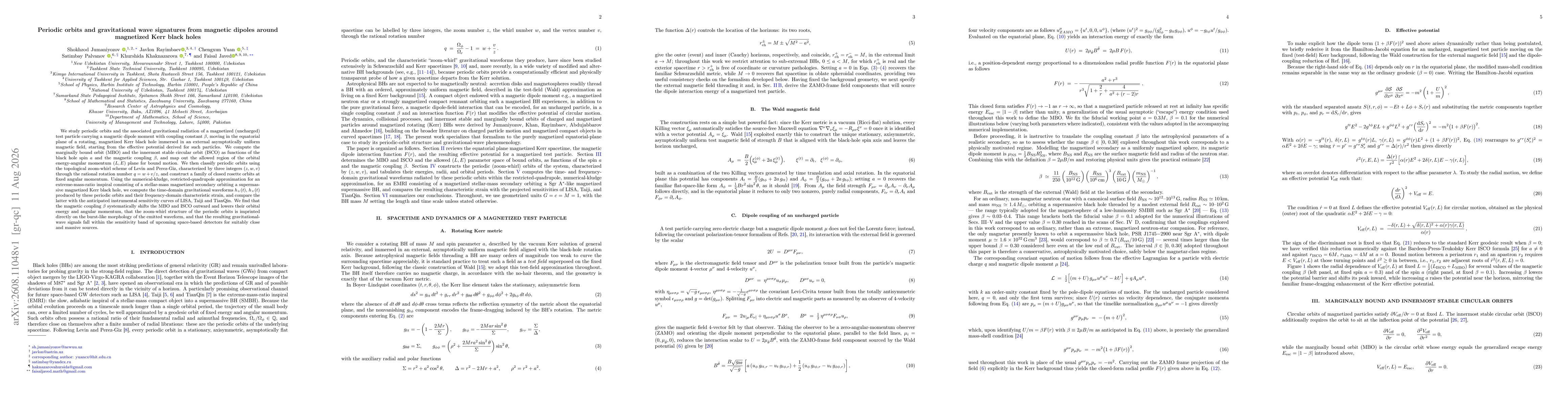Thumbnail for Periodic orbits and gravitational wave signatures from magnetic dipoles around magnetized Kerr black holes