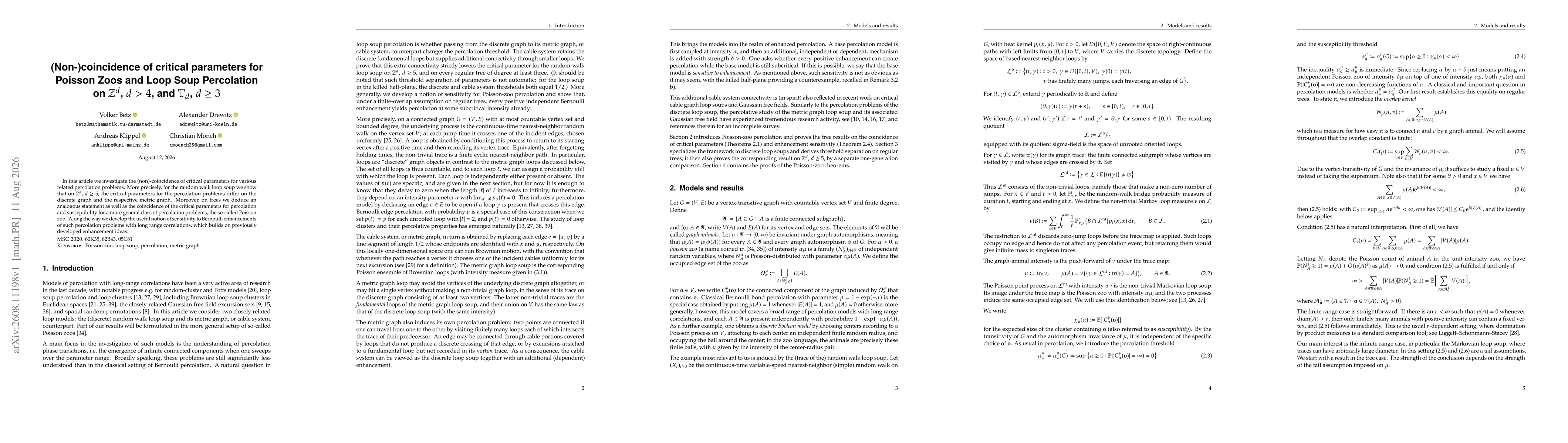 Thumbnail for (Non-)coincidence of critical parameters for Poisson Zoos and Loop Soup Percolation on $\mathbb{Z^d}$, $d > 4$, and $\mathbb{T}_d$,$ d \ge 3$