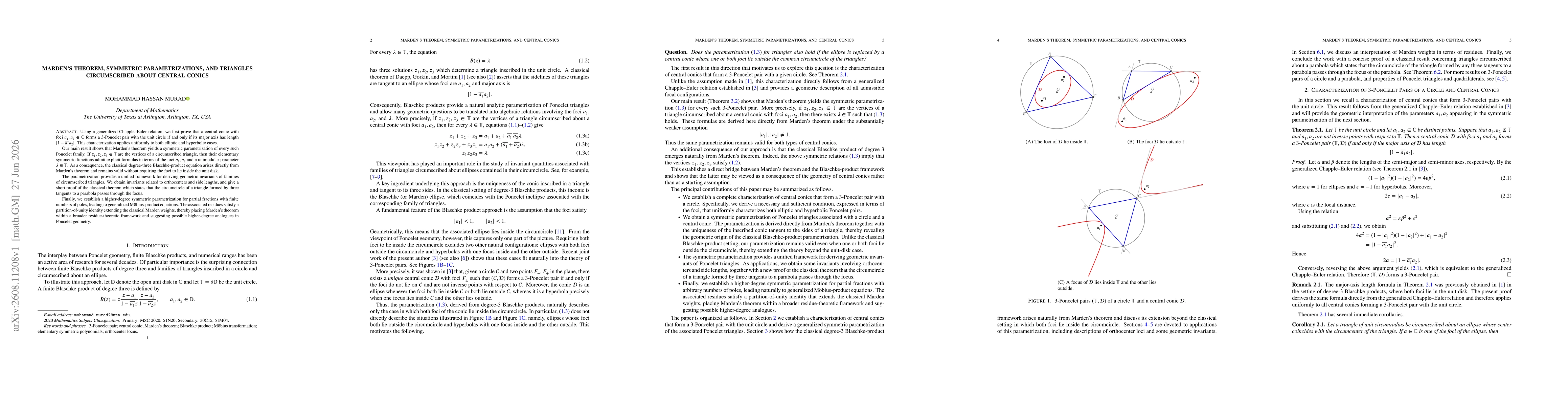 Thumbnail for Marden's Theorem, Symmetric Parametrizations, and Triangles Circumscribed about Central Conics