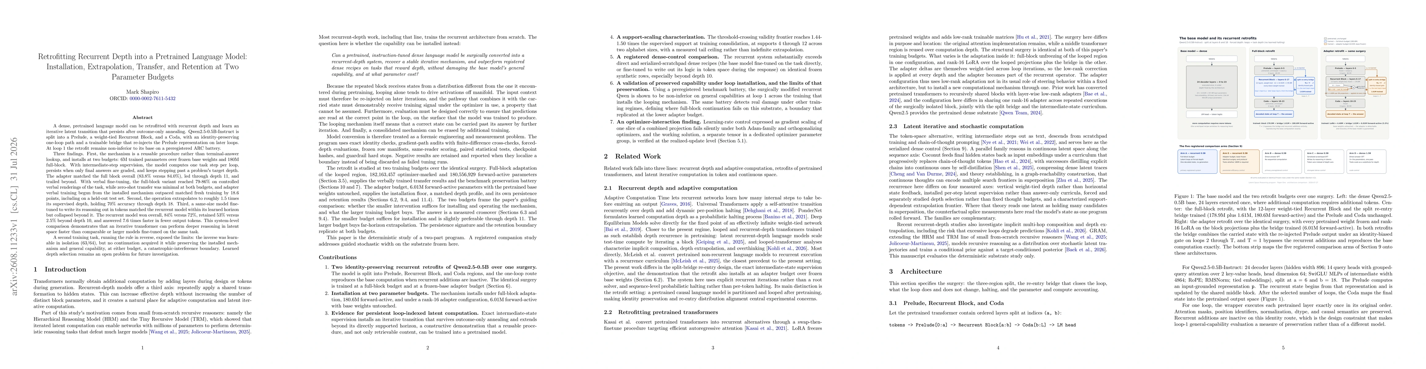 Thumbnail for Retrofitting Recurrent Depth into a Pretrained Language Model: Installation, Extrapolation, Transfer, and Retention at Two Parameter Budgets
