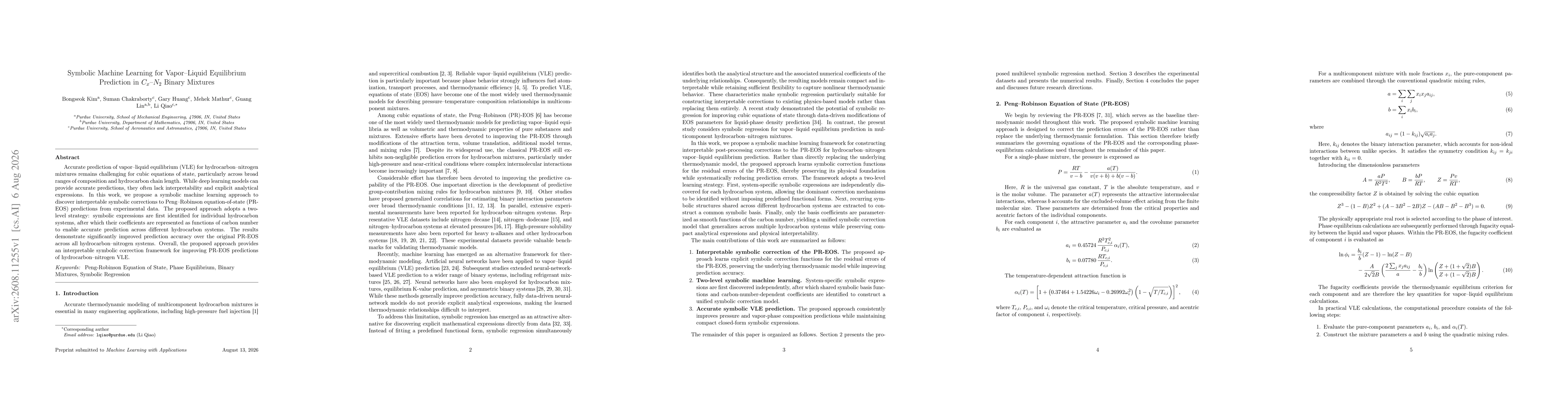 Thumbnail for Symbolic Machine Learning for Vapor-Liquid Equilibrium Prediction in Cx-N2 Binary Mixtures