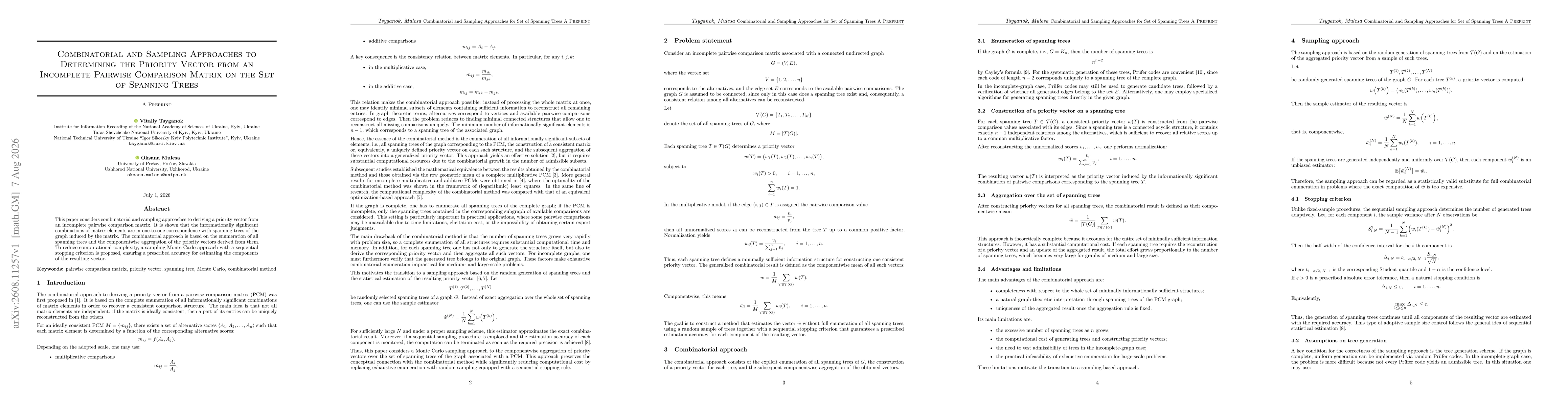 Thumbnail for Combinatorial and Sampling Approaches to Determining the Priority Vector from an Incomplete Pairwise Comparison Matrix on the Set of Spanning Trees