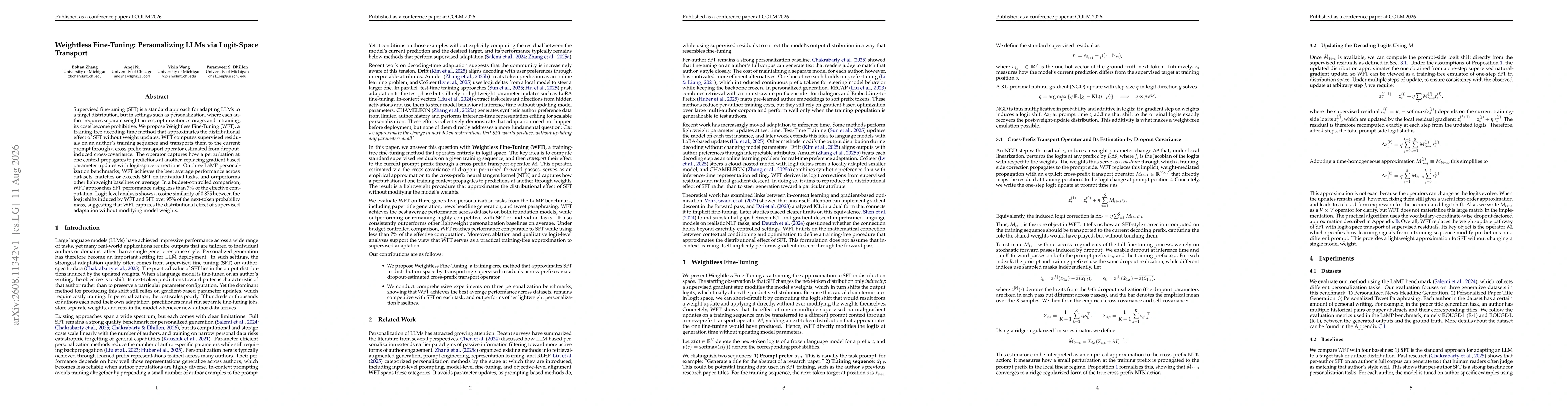 Thumbnail for Weightless Fine-Tuning: Personalizing LLMs via Logit-Space Transport