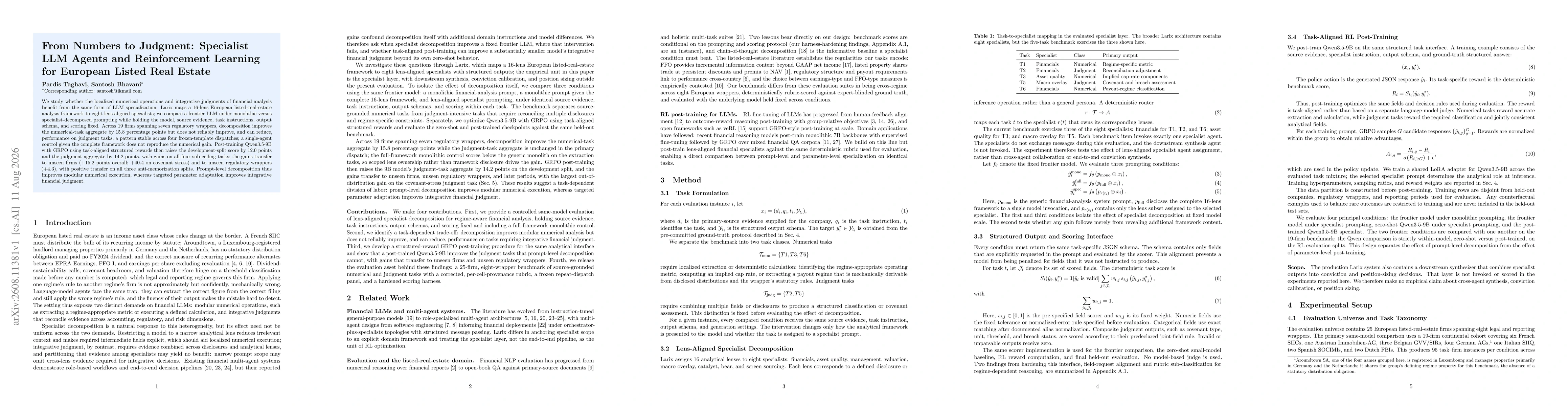 Thumbnail for From Numbers to Judgment: Specialist LLM Agents and Reinforcement Learning for European Listed Real Estate