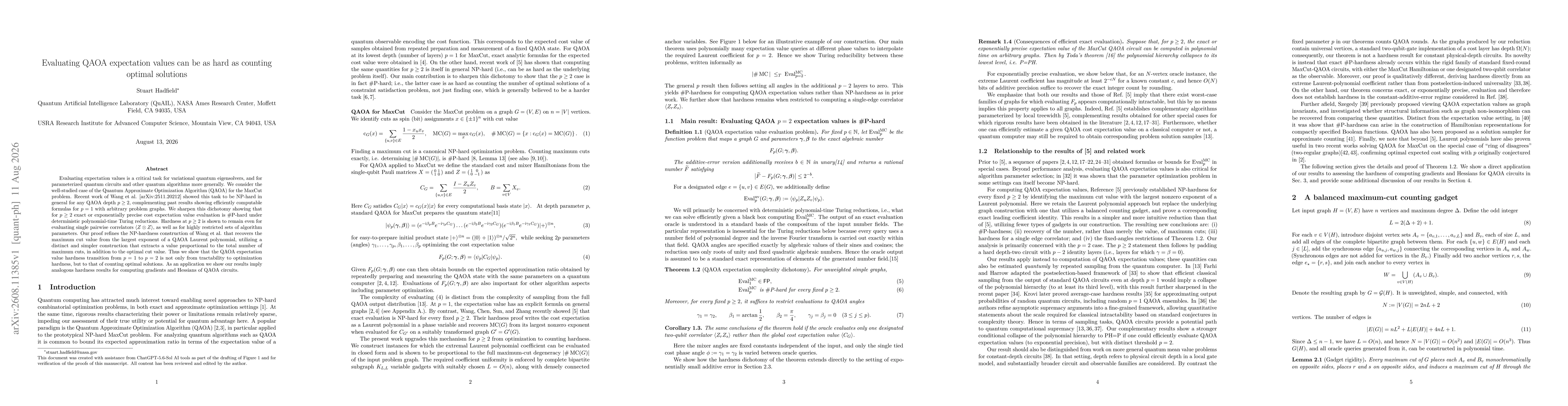 Thumbnail for Evaluating QAOA expectation values can be as hard as counting optimal solutions