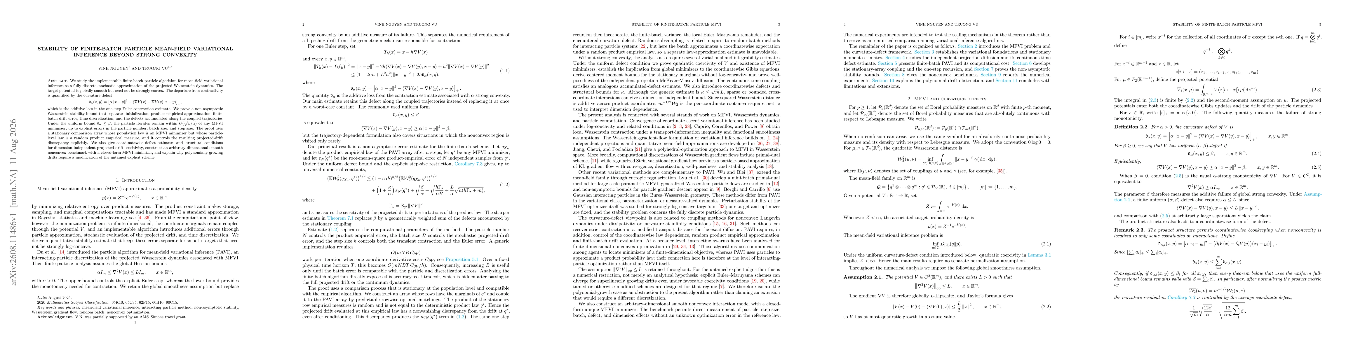 Thumbnail for Stability of Finite-Batch Particle Mean-Field Variational Inference Beyond Strong Convexity