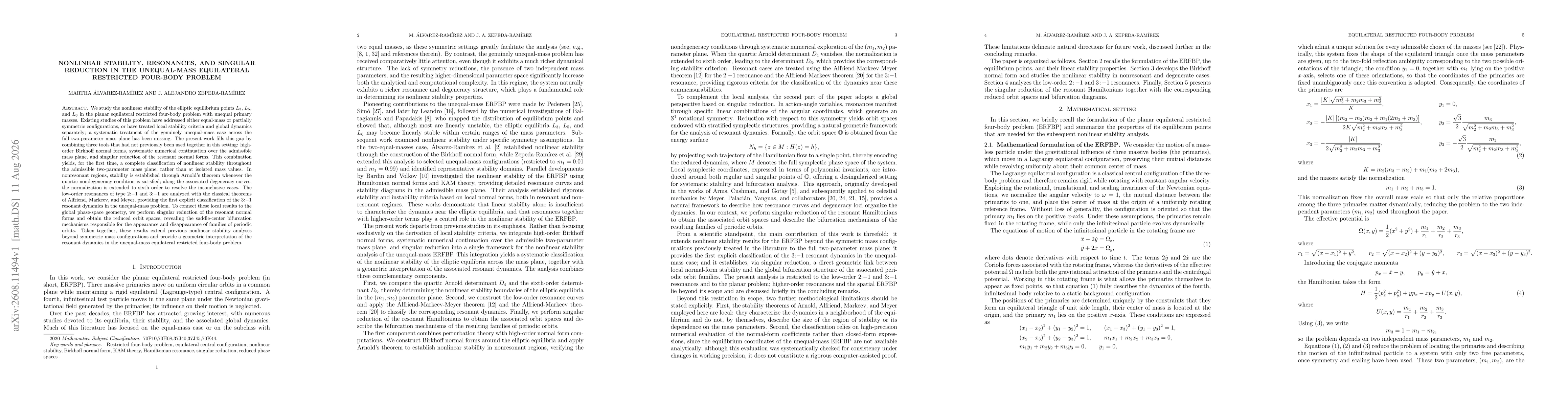Thumbnail for Nonlinear Stability, Resonances, and Singular Reduction in the Unequal-Mass Equilateral Restricted Four-Body Problem