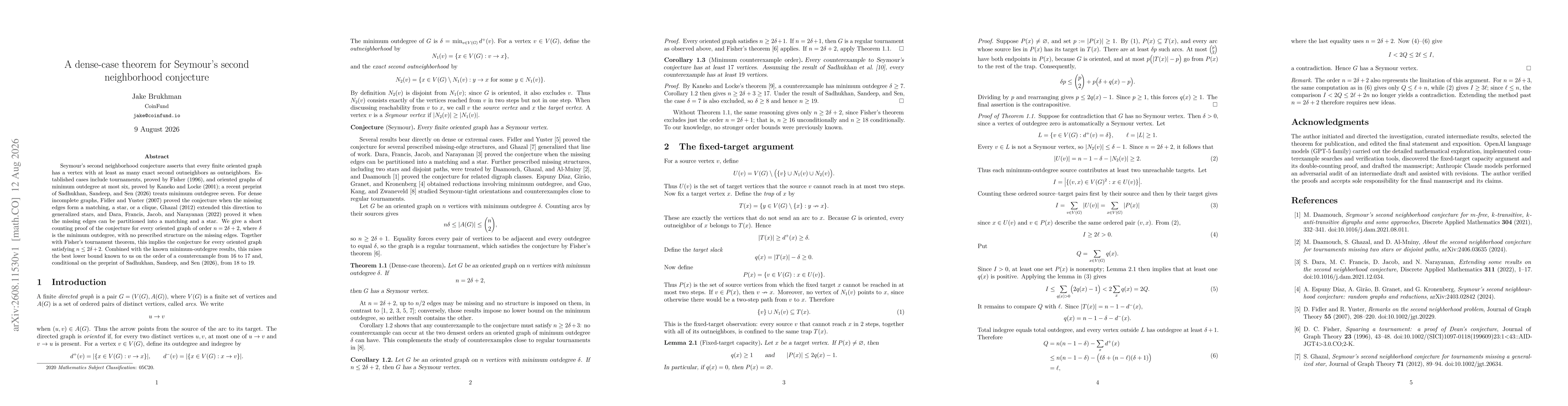 Thumbnail for A dense-case theorem for Seymour's second neighborhood conjecture