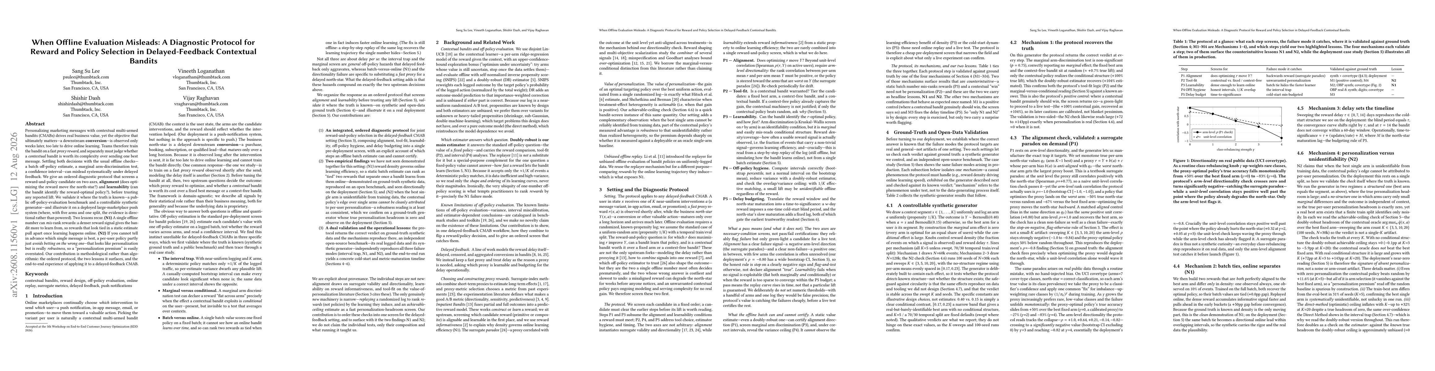 Thumbnail for When Offline Evaluation Misleads: A Diagnostic Protocol for Reward and Policy Selection in Delayed-Feedback Contextual Bandits