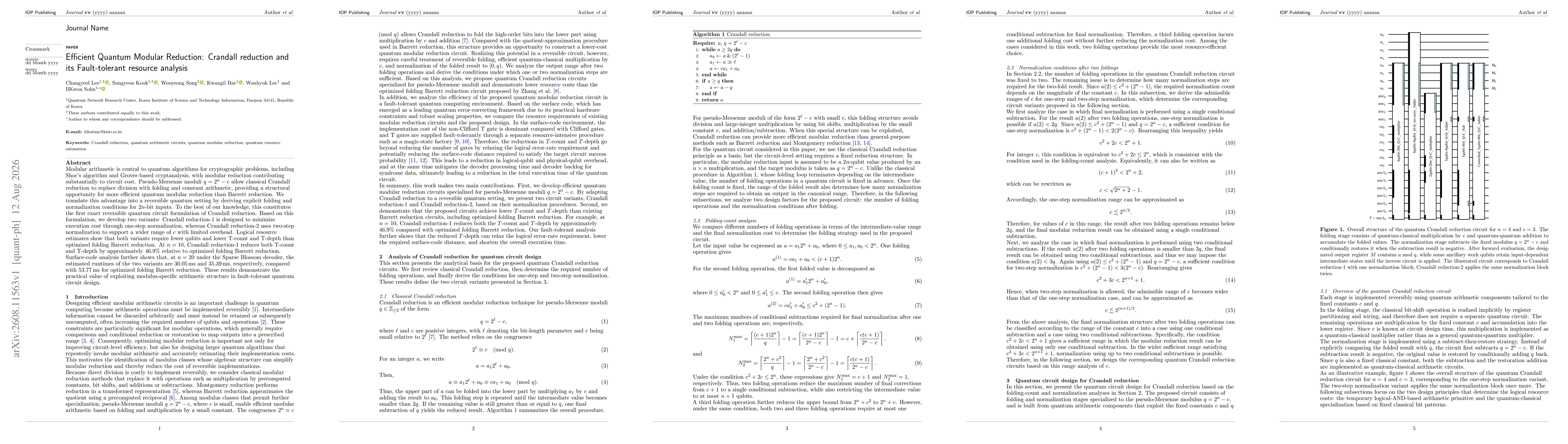 Thumbnail for Efficient Quantum Modular Reduction: Crandall reduction and its Fault-tolerant resource analysis