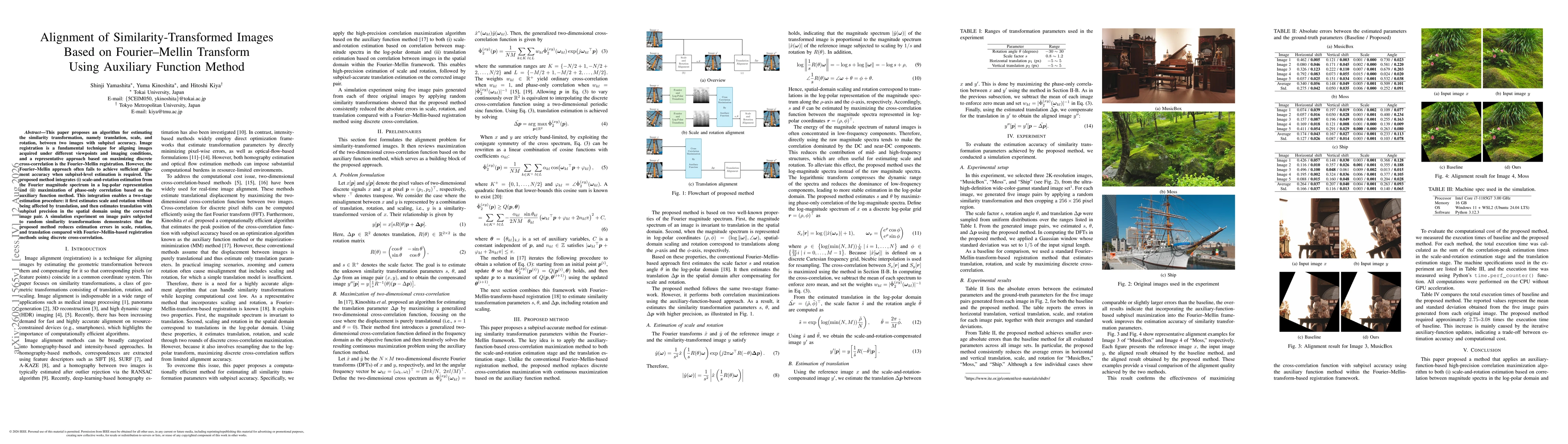 Thumbnail for Alignment of Similarity-Transformed Images Based on Fourier--Mellin Transform Using Auxiliary Function Method