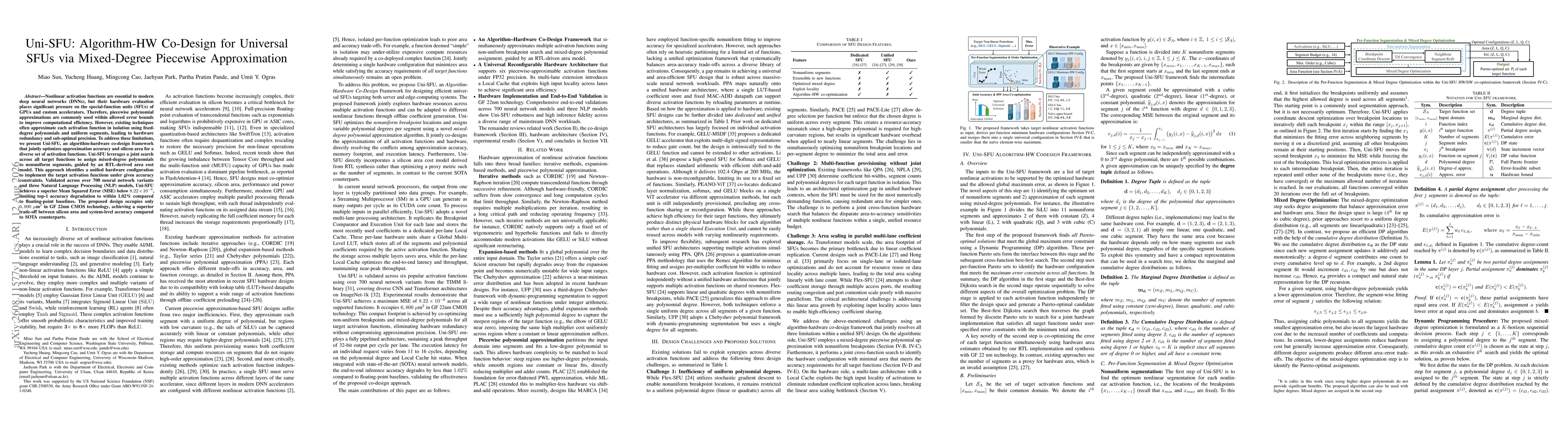Thumbnail for Uni-SFU: Algorithm-HW Co-Design for Universal SFUs via Mixed-Degree Piecewise Approximation