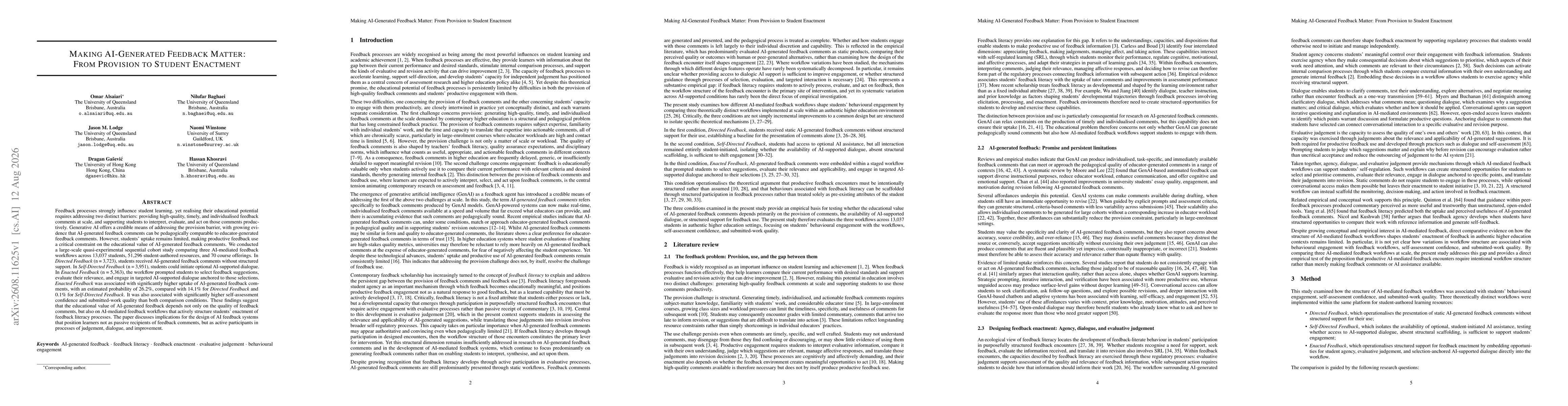 Thumbnail for Making AI-Generated Feedback Matter: From Provision to Student Enactment