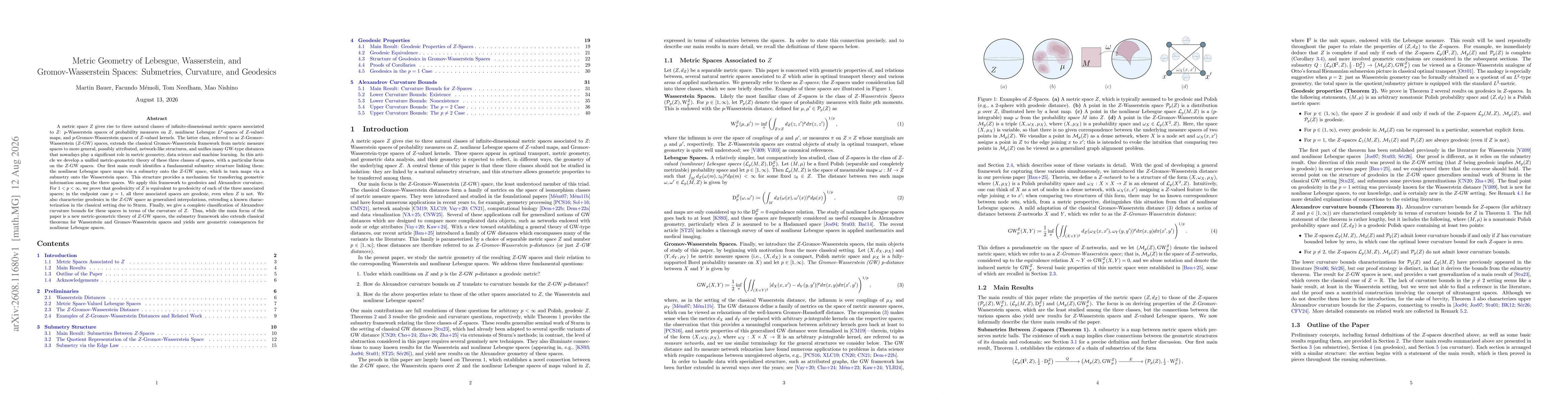 Thumbnail for Metric Geometry of Lebesgue, Wasserstein, and Gromov-Wasserstein Spaces: Submetries, Curvature, and Geodesics