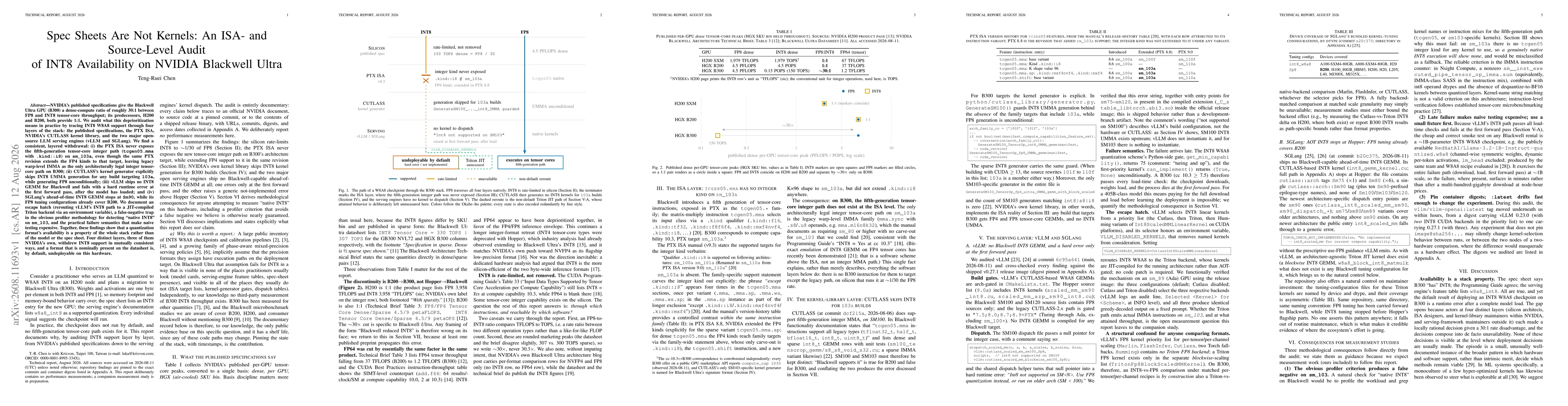 Thumbnail for Spec Sheets Are Not Kernels: An ISA- and Source-Level Audit of INT8 Availability on NVIDIA Blackwell Ultra