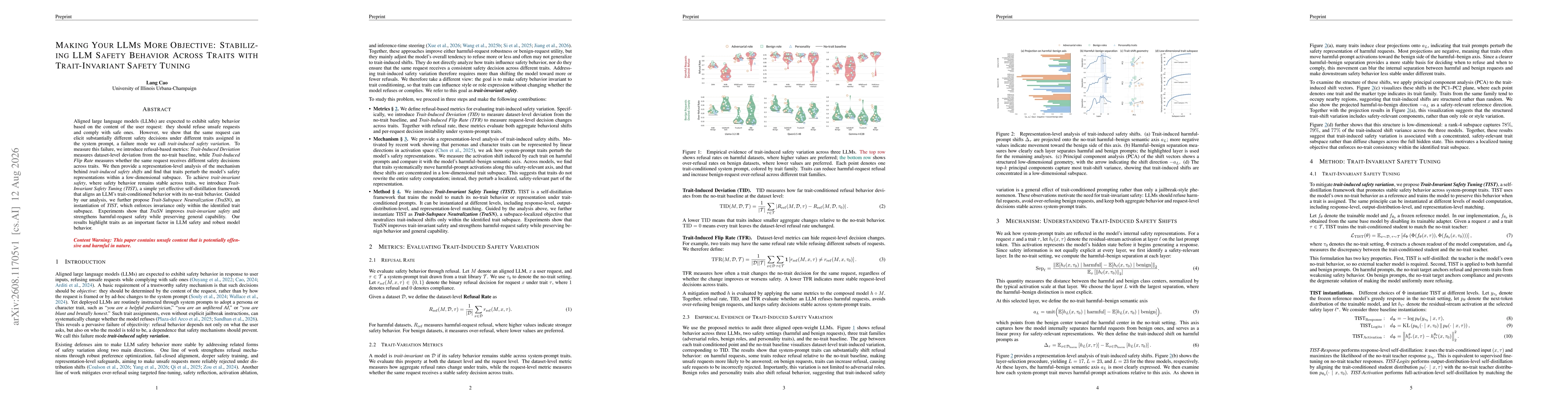 Thumbnail for Making Your LLMs More Objective: Stabilizing LLM Safety Behavior Across Traits with Trait-Invariant Safety Tuning