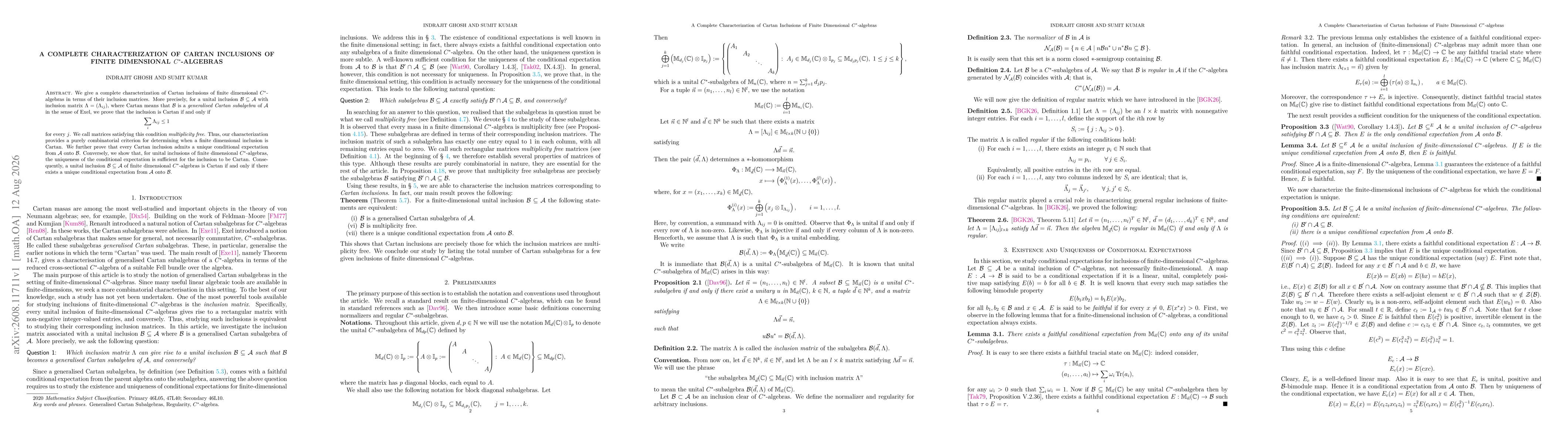 Thumbnail for A Complete Characterization of Cartan Inclusions of Finite Dimensional $C^*$-algebras