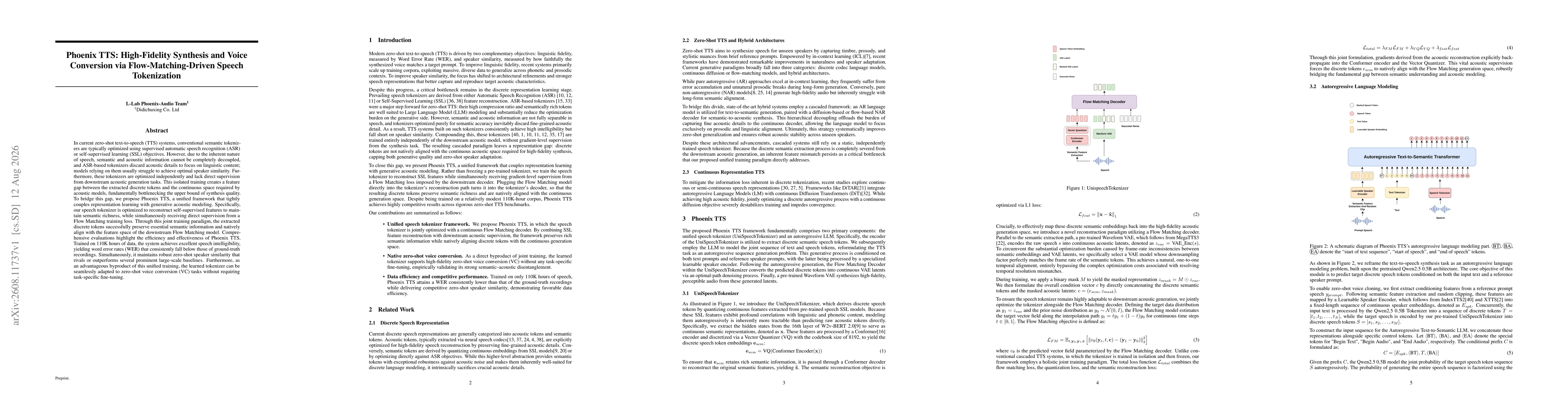Thumbnail for Phoenix TTS: High-Fidelity Synthesis and Voice Conversion via Flow-Matching-Driven Speech Tokenization