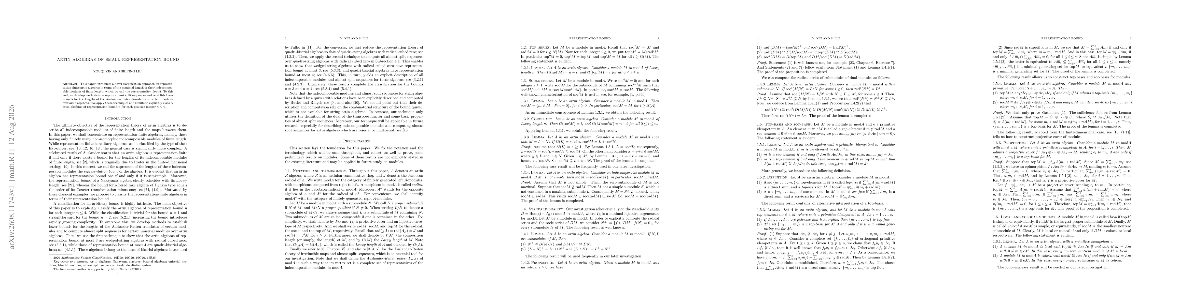 Thumbnail for Artin algebras of small representation bound