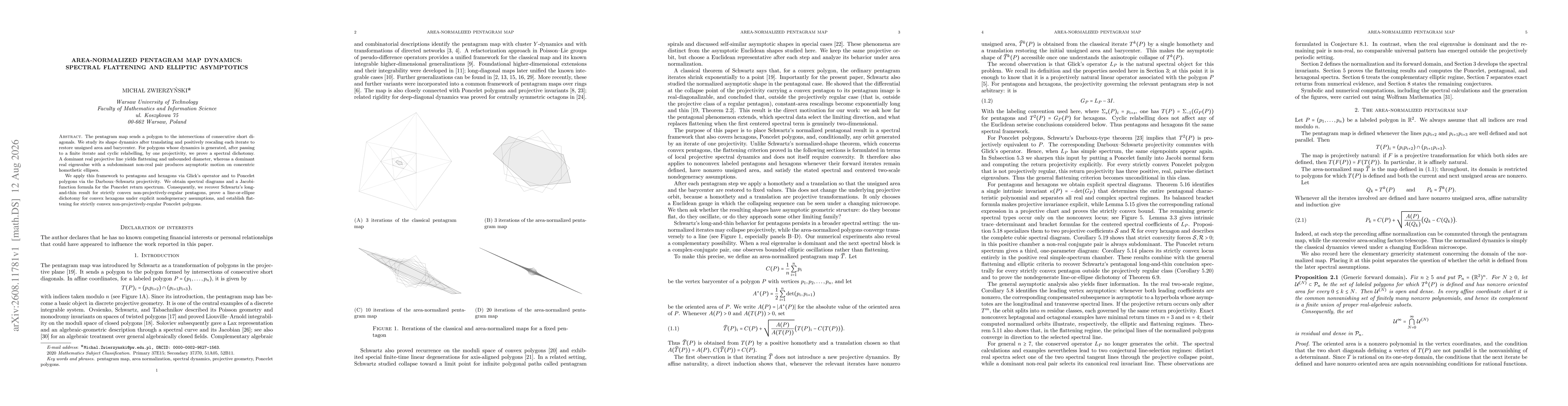 Thumbnail for Area-Normalized Pentagram Map Dynamics: Spectral Flattening and Elliptic Asymptotics