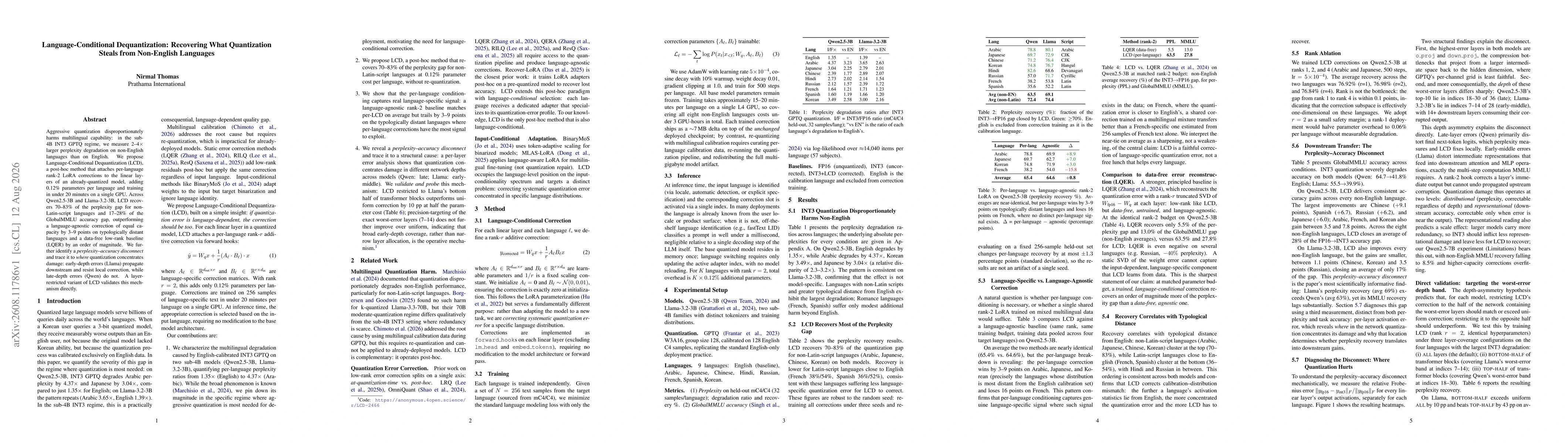 Thumbnail for Language-Conditional Dequantization: Recovering What Quantization Steals from Non-English Languages