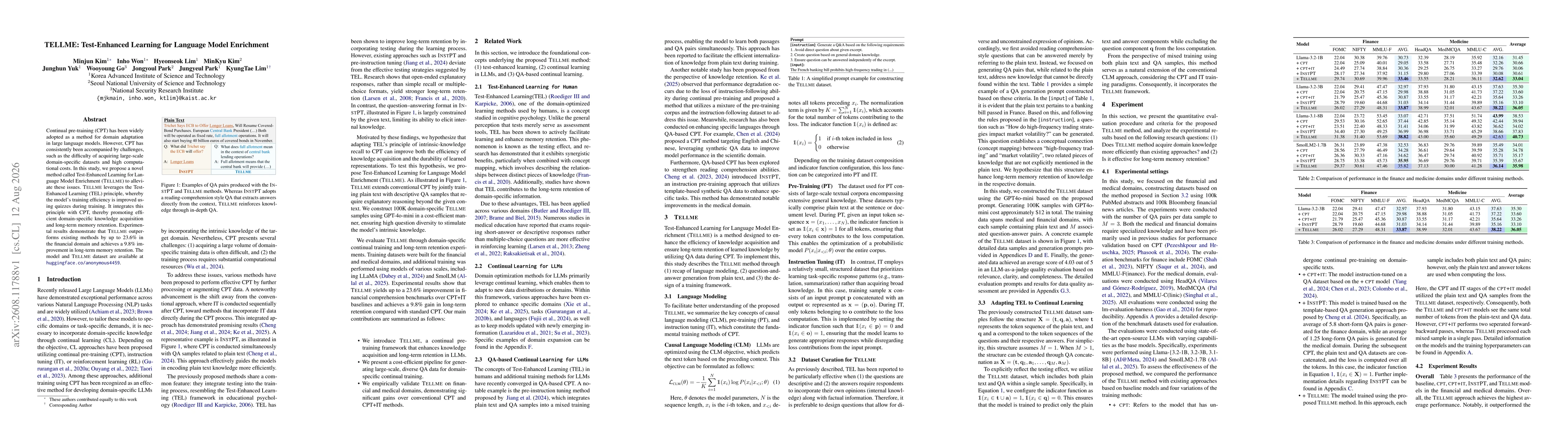 Thumbnail for TELLME: Test-Enhanced Learning for Language Model Enrichment