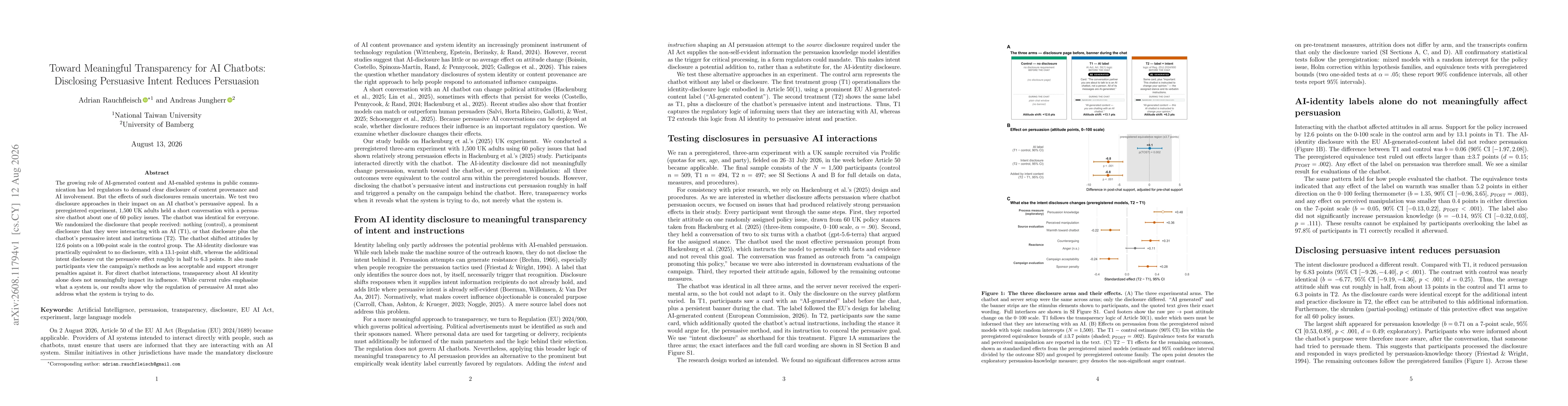 Thumbnail for Toward Meaningful Transparency for AI Chatbots: Disclosing Persuasive Intent Reduces Persuasion