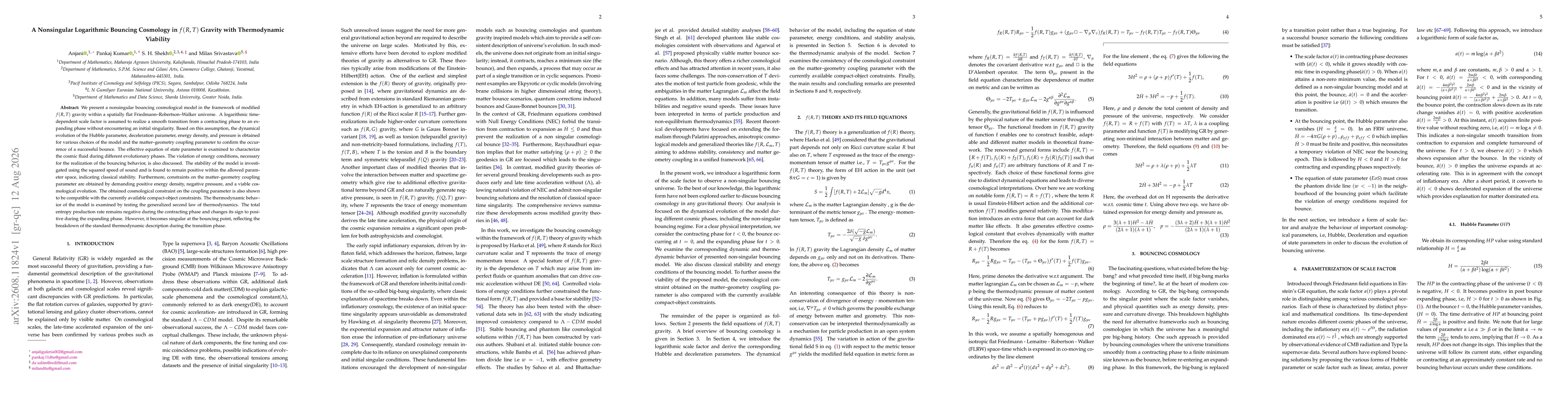 Thumbnail for A Nonsingular Logarithmic Bouncing Cosmology in $f(R,T)$ Gravity with Thermodynamic Viability
