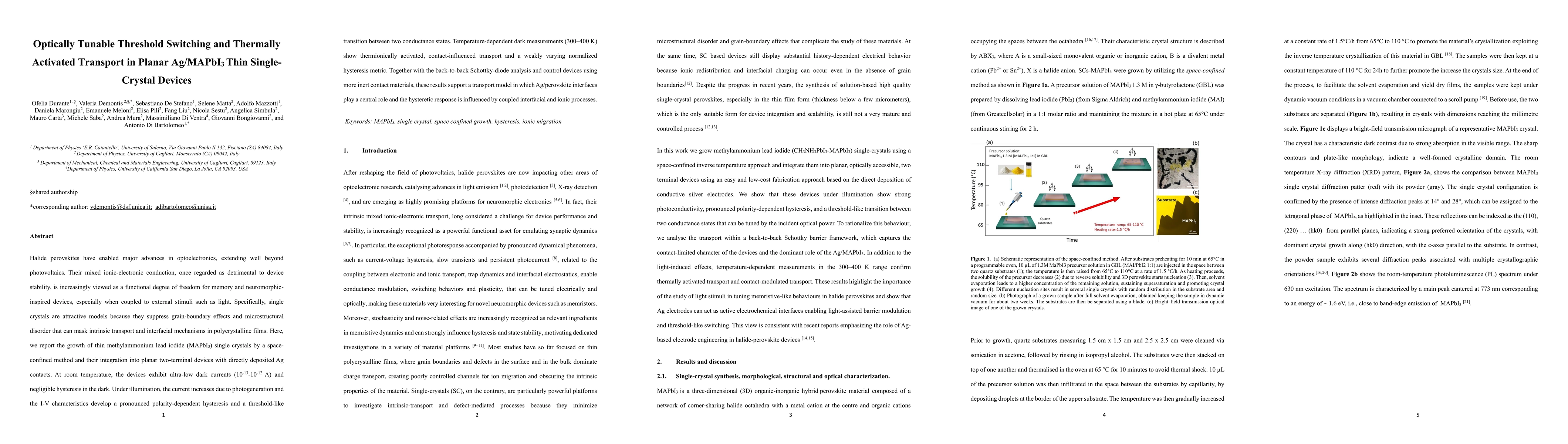Thumbnail for Optically Tunable Threshold Switching and Thermally Activated Transport in Planar Ag/MAPbI$_3$ Thin Single-Crystal Devices