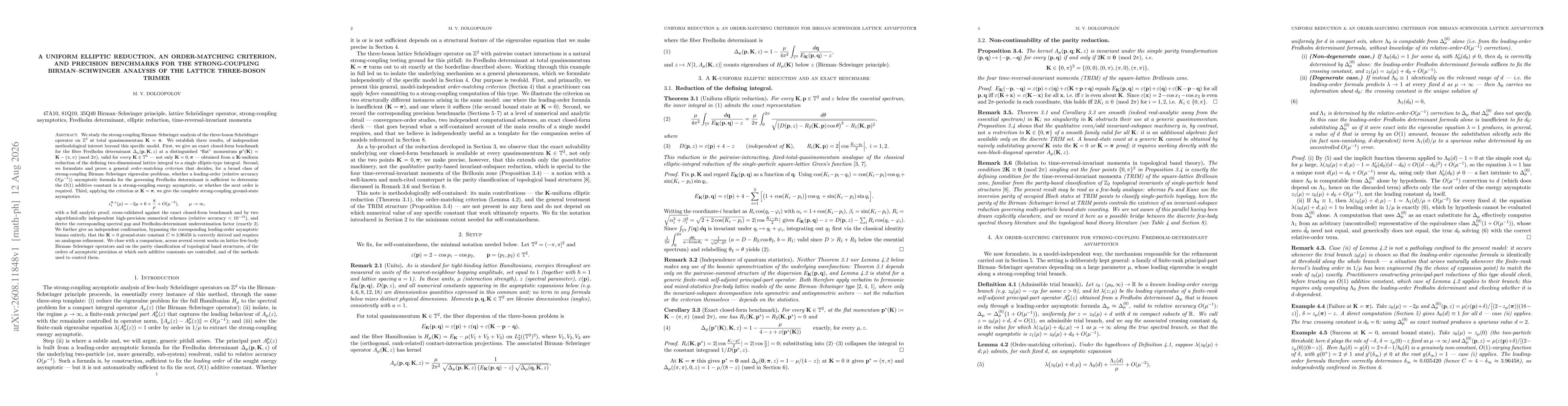 Thumbnail for A uniform elliptic reduction, an order-matching criterion, and precision benchmarks for the strong-coupling Birman-Schwinger analysis of the lattice three-boson trimer