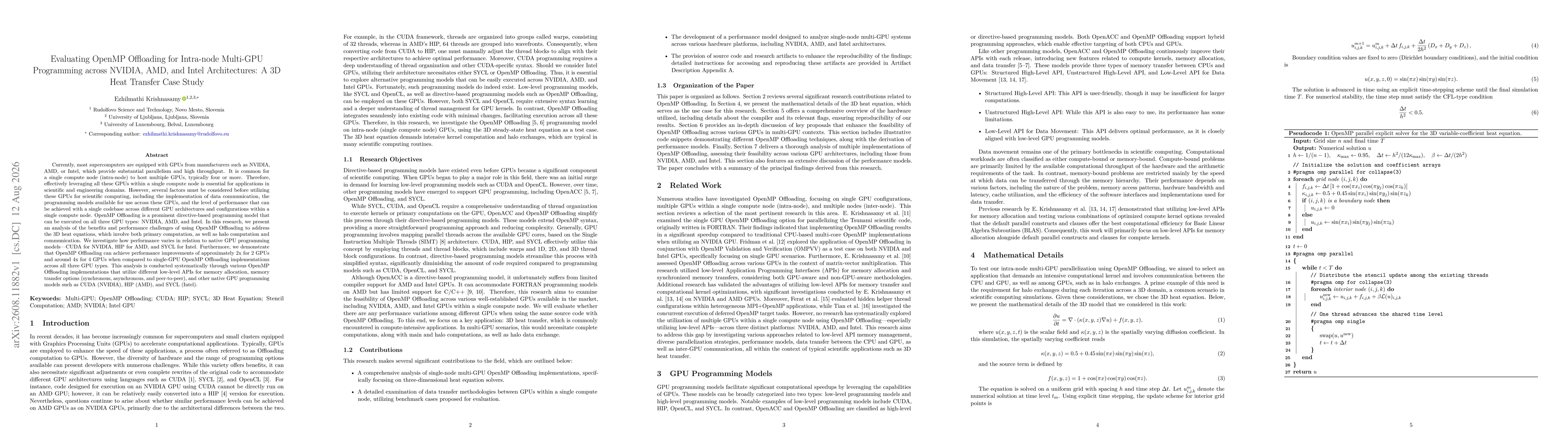 Thumbnail for Evaluating OpenMP Offloading for Intra-node Multi-GPU Programming across NVIDIA, AMD, and Intel Architectures: A 3D Heat Transfer Case Study