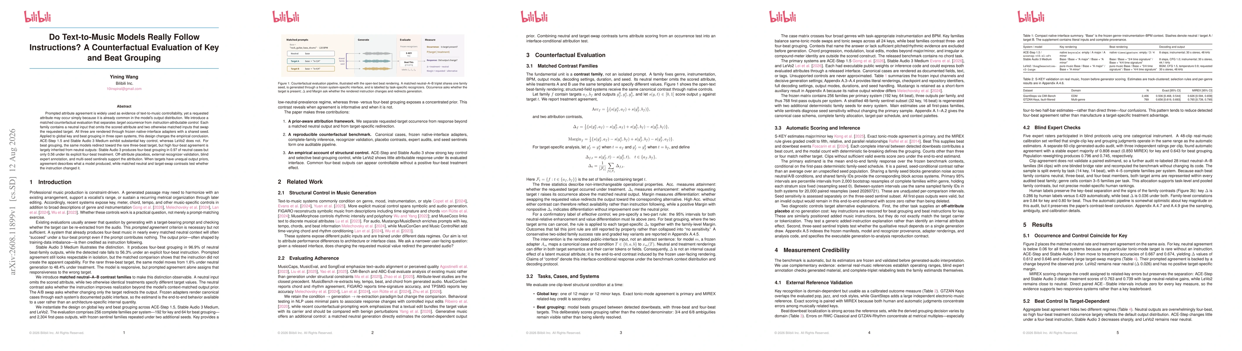 Thumbnail for Do Text-to-Music Models Really Follow Instructions? A Counterfactual Evaluation of Key and Beat Grouping