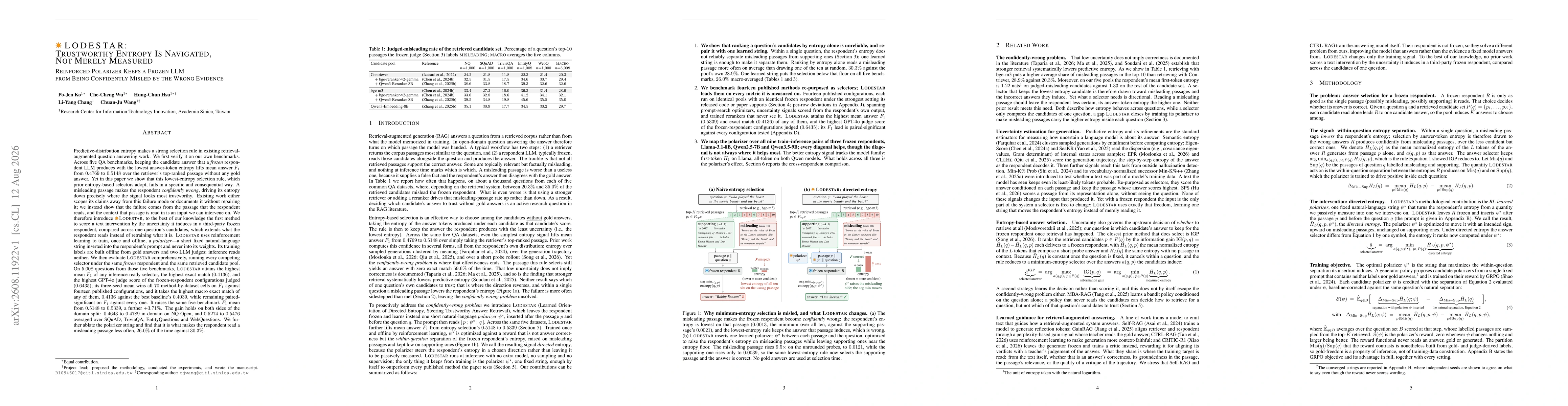 Thumbnail for LODESTAR: Trustworthy Entropy Is Navigated, Not Merely Measured -- Reinforced Polarizer Keeps a Frozen LLM from Being Confidently Misled by the Wrong Evidence