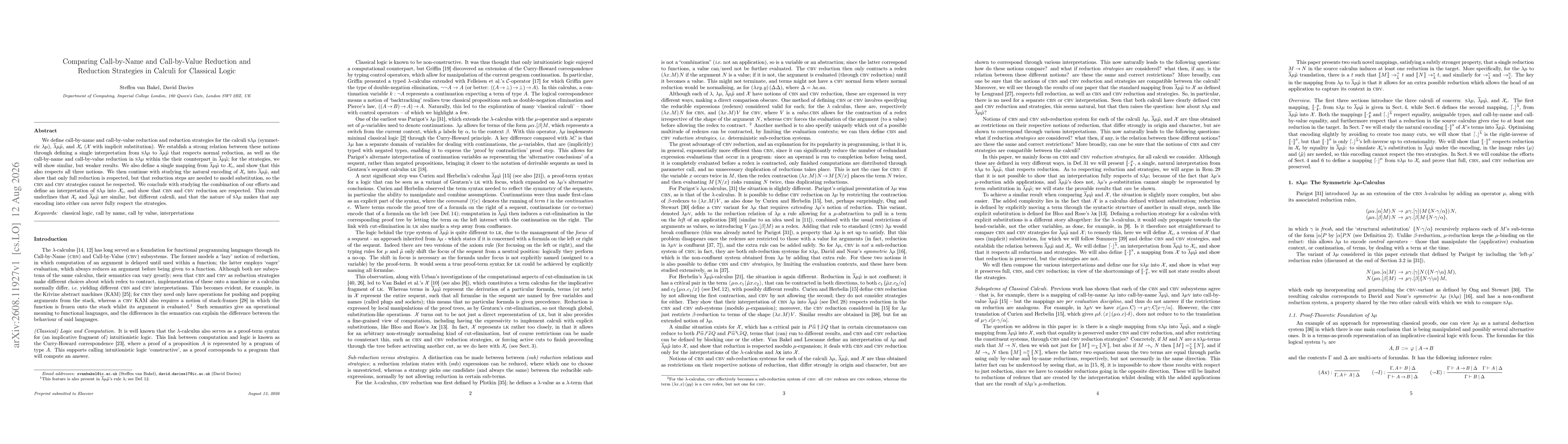 Thumbnail for Comparing Call-by-Name and Call-by-Value Reduction and Reduction Strategies in Calculi for Classical Logic