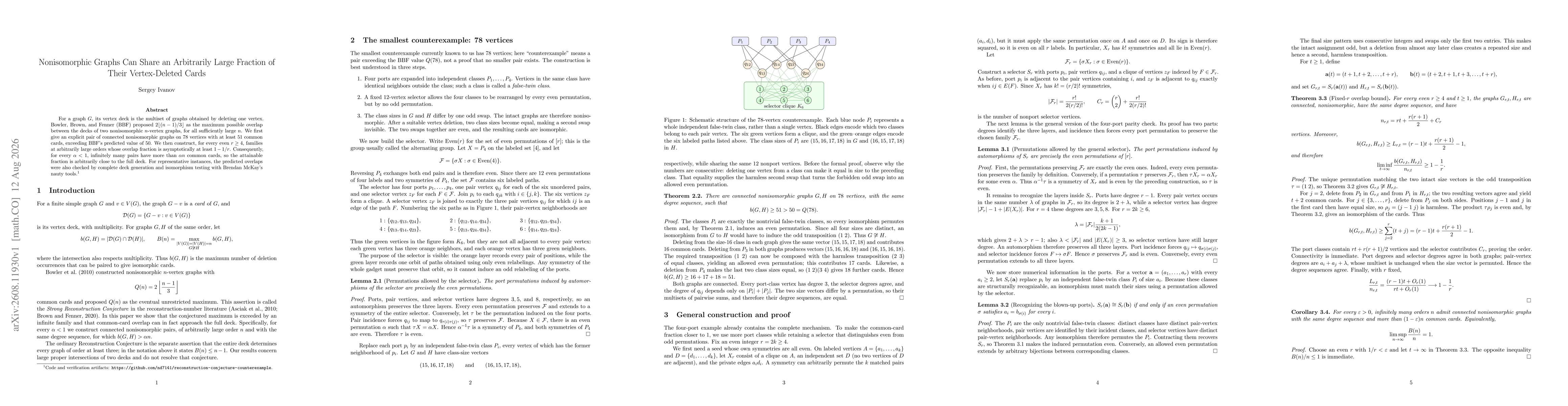 Thumbnail for Nonisomorphic Graphs Can Share an Arbitrarily Large Fraction of Their Vertex-Deleted Cards