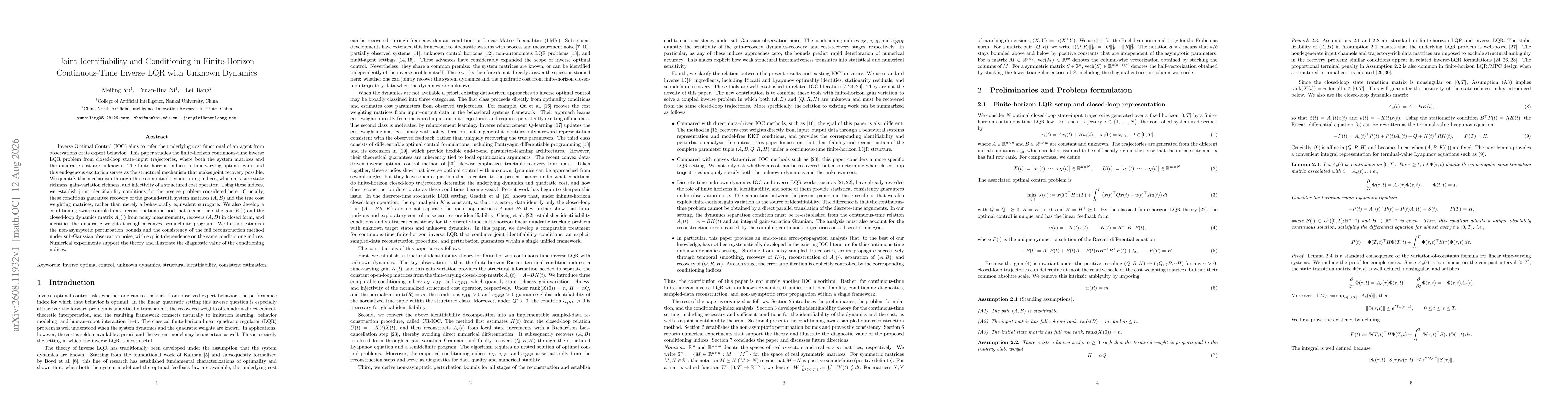 Thumbnail for Joint Identifiability and Conditioning in Finite-Horizon Continuous-Time Inverse LQR with Unknown Dynamics