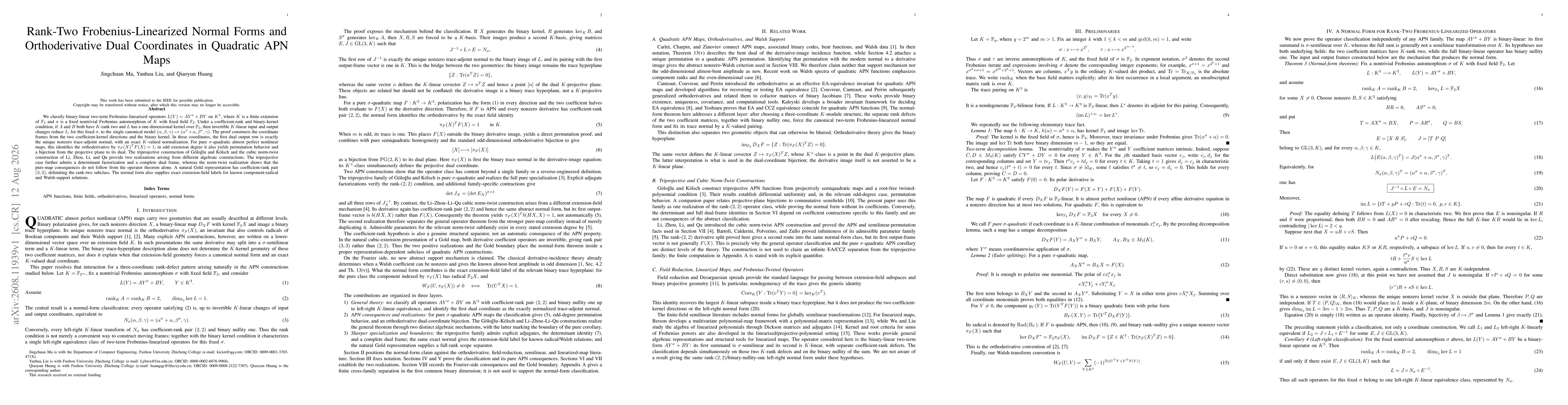 Thumbnail for Rank-Two Frobenius-Linearized Normal Forms and Orthoderivative Dual Coordinates in Quadratic APN Maps