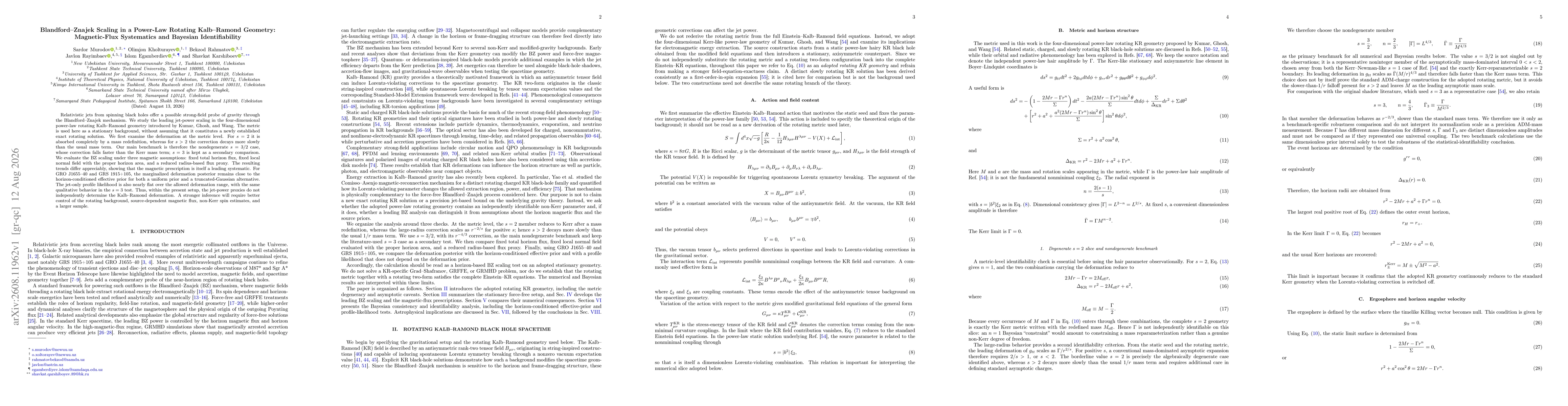 Thumbnail for Blandford-Znajek Scaling in a Power-Law Rotating Kalb-Ramond Geometry: Magnetic-Flux Systematics and Bayesian Identifiability