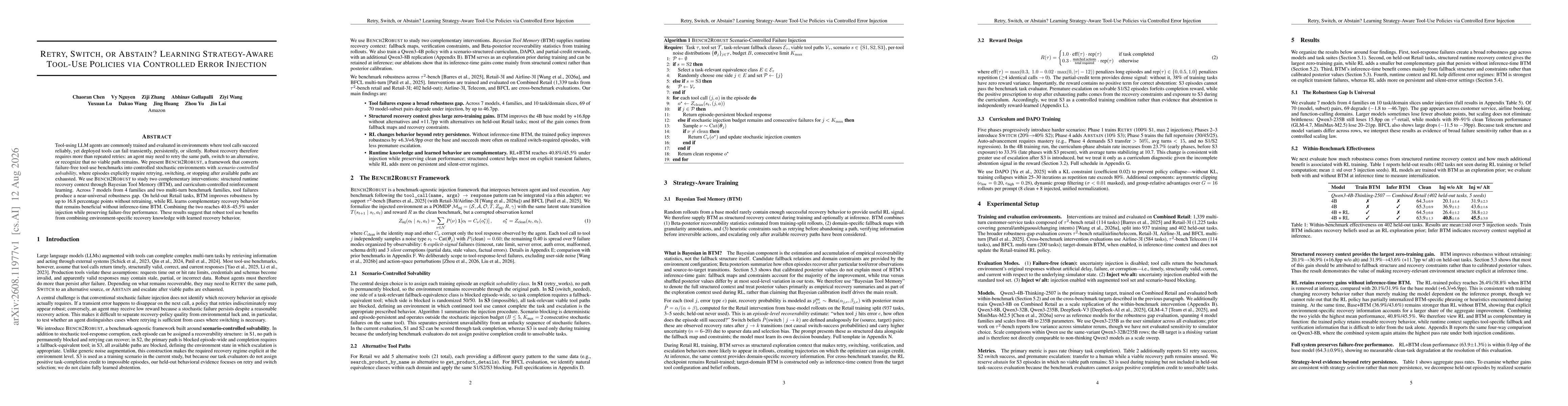 Thumbnail for Retry, Switch, or Abstain? Learning Strategy-Aware Tool-Use Policies via Controlled Error Injection