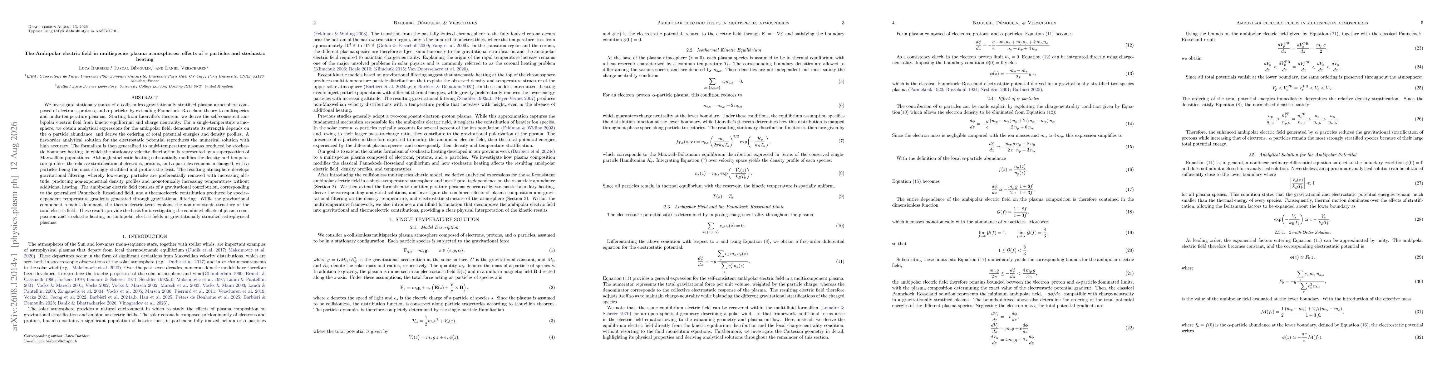 Thumbnail for The Ambipolar electric field in multispecies plasma atmospheres: effects of alpha particles and stochastic heating