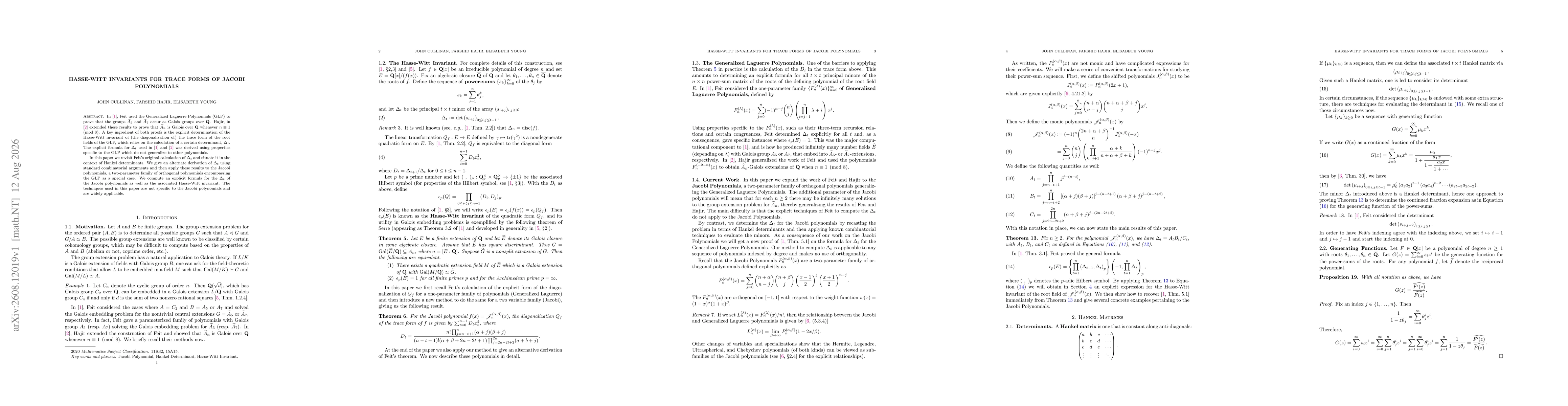 Thumbnail for Hasse-Witt invariants for trace forms of Jacobi polynomials
