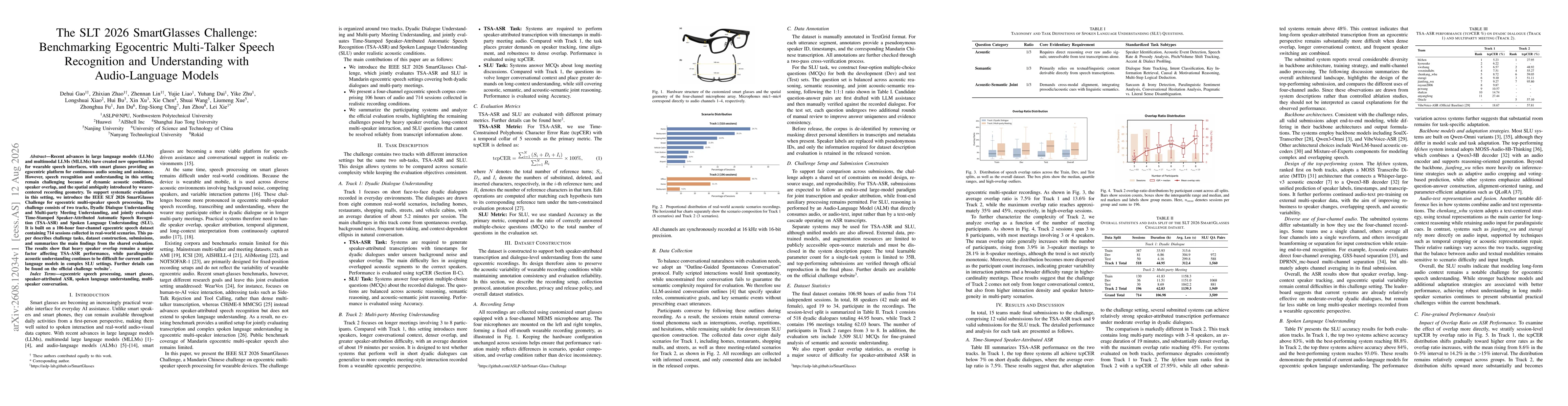 Thumbnail for The SLT 2026 SmartGlasses Challenge: Benchmarking Egocentric Multi-Talker Speech Recognition and Understanding with Audio-Language Models