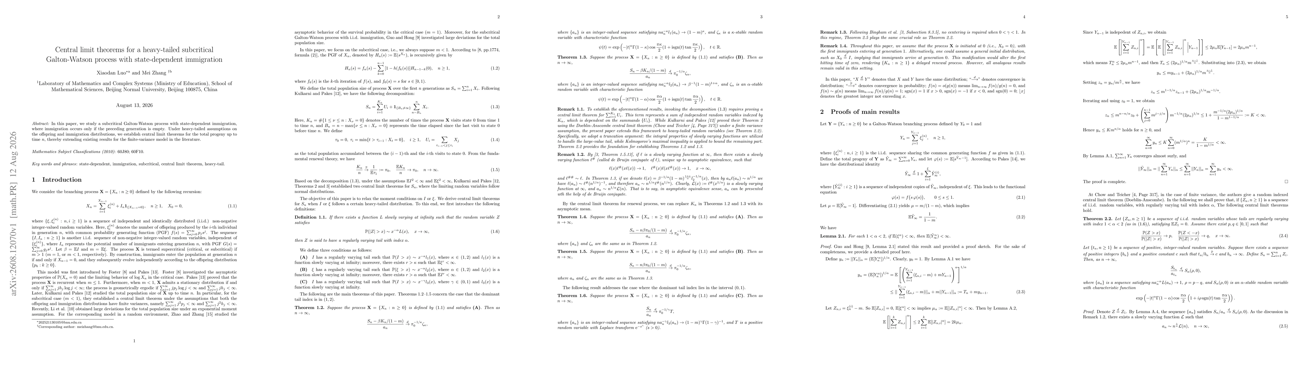 Thumbnail for Central limit theorems for a heavy-tailed subcritical Galton-Watson process with state-dependent immigration